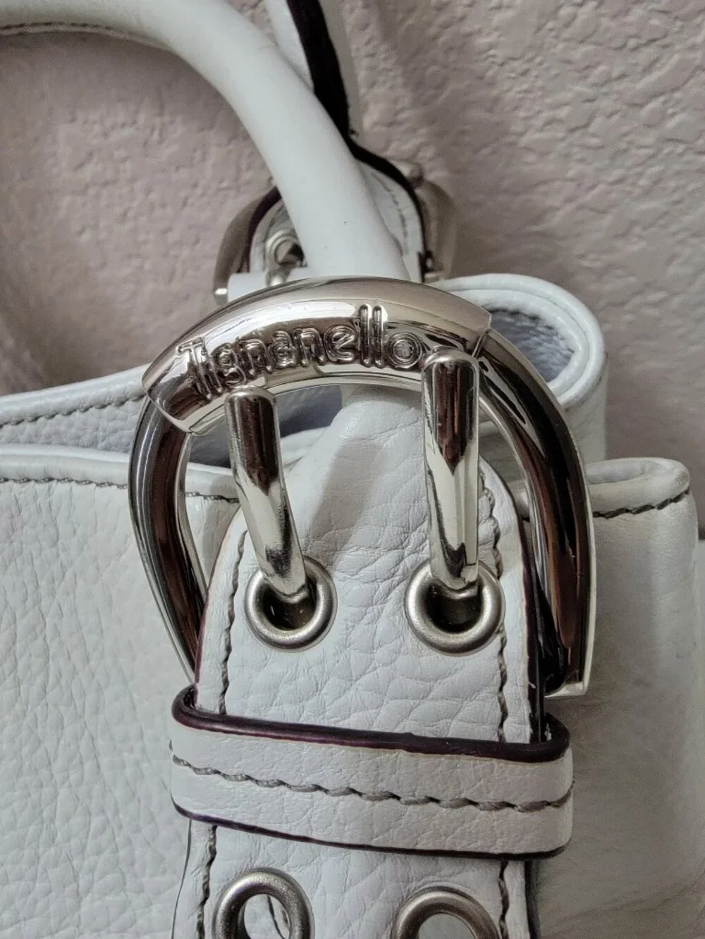 Tignanello White Pebbled Leather Satchel Shoulder Bag Silver Buckle Hardware